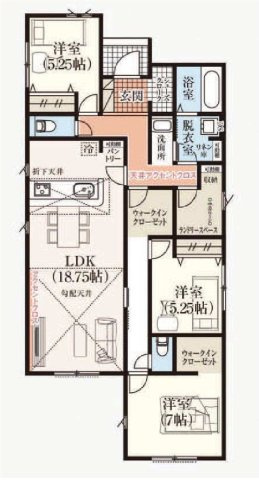 新築　太田市東今泉町　GRAFARE　1号棟	の間取り|建物面積98.54㎡　シューズインクローク・ウォークインクローゼット・各部屋収納付きで便利です！ランドリースペースで雨の日のお洗濯物も安心です♪

