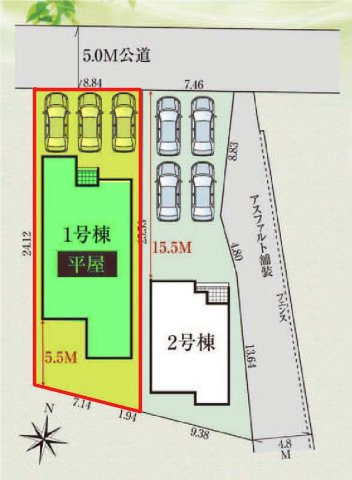 新築　太田市東今泉町　GRAFARE　1号棟	の区画図|1号棟　区画図　北側接道幅員約5ｍ
	
			
	
