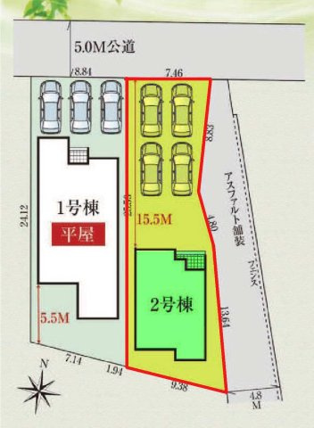 新築　太田市東今泉町　GRAFARE　2号棟	の区画図|2号棟　区画図　北側接道幅員約5ｍ
	
			
	
