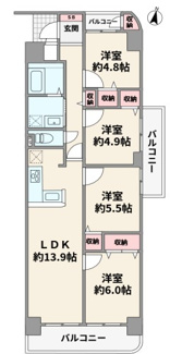 【間取り】 | サンヴェールパルシティ | ４LDLの間取りでファミリー様におすすめです！！三方角部屋でたいへん明るく開放的です！！