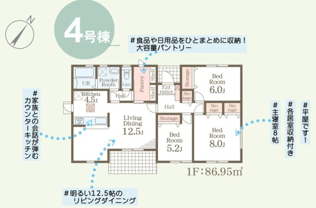 【LiveleGarden】下野上大領 全8棟の間取り|〇4号棟・平屋〇
3LDK+大容量パントリー+カースペース3台
