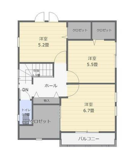 森1号新築建売住宅の間取り|3つの洋室が用意されておりそれぞれに収納スペースが設置されています。バルコニー付きの洋室もあり使い分けがしやすい間取りです。ホール部分が設けられているため動線にゆとりがあります。