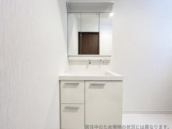 公園通り1丁目　中古の独立洗面台|収納豊富な洗面台が設置されています。シンプルなデザインでお手入れがしやすい仕様です。