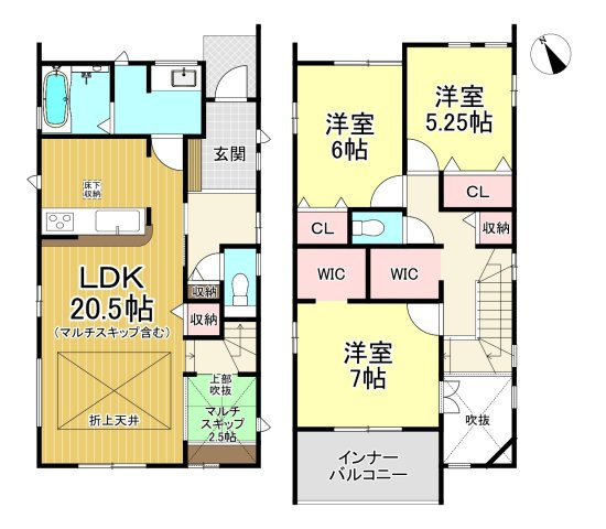 知多市つつじが丘1丁目　全2棟　2号棟の間取り|2号棟　3LDK+2WIC☆