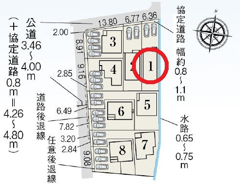豊田市畝部西町　新築分譲住宅　全8棟　1号棟の区画図