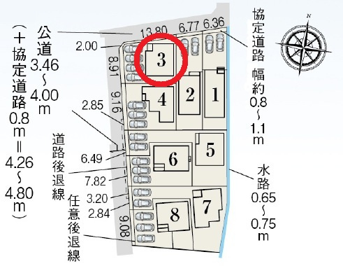 豊田市畝部西町　新築分譲住宅　全8棟　3号棟の区画図
