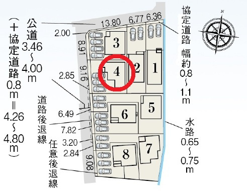 豊田市畝部西町　新築分譲住宅　全8棟　4号棟の区画図