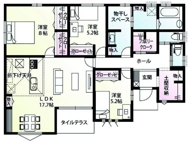 渋川市半田「全5区画」　2号棟　新築住宅（平屋）の間取り|収納充実♪南向きの4LDKで陽当たり良好な間取りです！
土地面積299.40㎡、建物面積98.54㎡で十分な広さです！