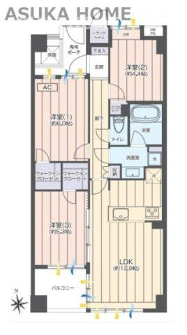 ビッグヴァン桜ヶ丘の間取り|個人のトランクルーム完備、吹抜けの専用ポーチ付きの３LDKは南向きの全居室にエアコン設置可能です。