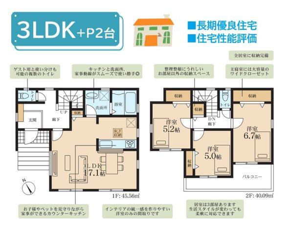海老名市国分寺台5丁目　新築戸建　全１棟の間取り|＼全居室「南」向き／全居室南向きで採光・通風ともに良好☆　
「住宅性能評価」を取得し、耐震性・維持管理に優れた「長期優良住宅」認定物件◎
