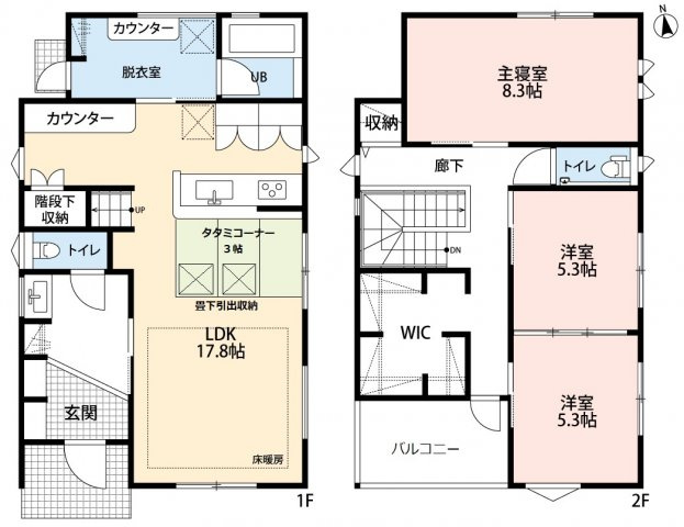 小牧市大字上末　中古戸建の間取り|リビングに床暖房・タタミコーナーあり。
広々ウォークインクローゼットあり。