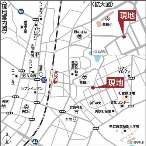 新築戸建・新築建売　矢吹町小松第7　善郷小・矢吹中の地図|現地案内図