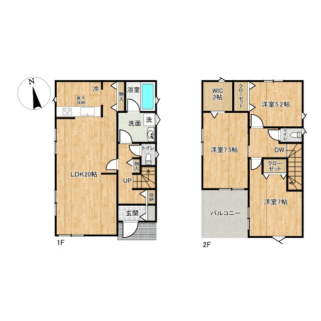 枚方市 楠葉野田　第２　新築 一戸建　２号棟の間取り|3LDK＋WIC、価格4180万円、敷地面積119.76㎡、延床103.27㎡、ルーフバルコニー7.29㎡
