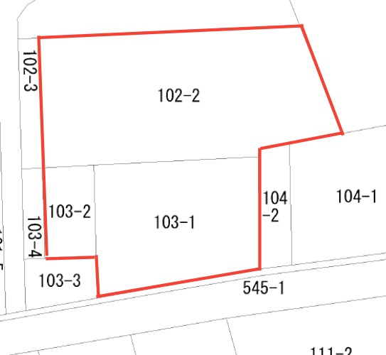 【建築条件なし土地】前橋市下佐鳥町　　約241坪　34条11号開発許可要　解体更地渡し　確定測量後渡し　の土地図|対象地は102-2、103-1、103-2の3筆です。※確定測量後渡し