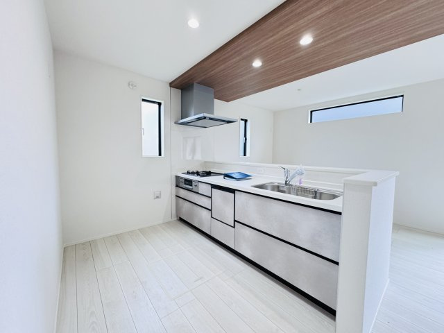 流山市向小金３丁目新築戸建【向小金小学校：3分】のキッチン|お手入れしやすいレンジフード・シンクの水栓には浄水器がついてます！