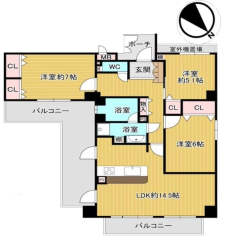 アービング鶴見緑地公園の間取り|中古マンション　3LDK　専有面積：77.34㎡（壁芯）　バルコニー面積：20.06㎡　南東向き