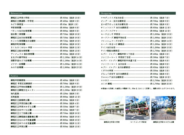 【周辺】 | トラストステージ×カラーズ　練馬区早宮1丁目1期　全2棟 | 【ライフインフォメーション】
コンビニやスーパー、ドラッグストア等の商業施設が多く点在しており、ご帰宅時のお買い物も便利な住環境！
近隣には大小さまざまな公園もあり、自然豊かで子育てしやすい立地です。