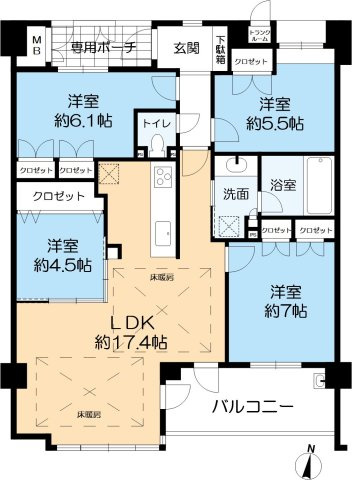 フォルム芦屋岩園の間取り|専有面積90.76㎡の4LDK※トランクルーム約0.72㎡を含むみます。