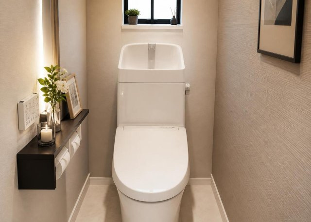【トイレ】 | 1階と2階の合計2ヶ所に温水洗浄便座付きトイレを配置しております。朝の混雑する時間帯もゆとりを持ってご使用いただけます。清潔感のある内装デザインで、いつでも気持ちよくご利用いただける空間です。
