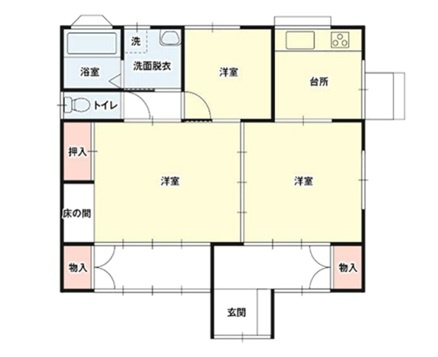 【間取り】 | 高崎市神戸町　中古住宅 | 3つの洋室がある間取りです。中央の2部屋は繋げて大空間になります。各所に押入や物入の収納があり、水回りが一箇所に集約された生活しやすい配置が大きな魅力です。
