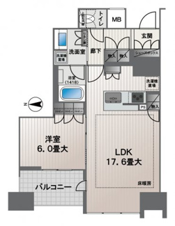 【間取り】 | ブランズタワー南堀江 | 【間取り】56.48㎡の１LDKで各部屋にゆとりがあるお間取りになっています！