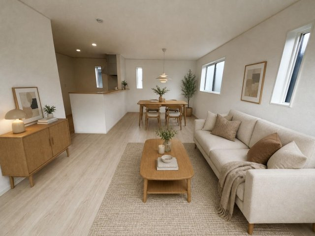 東藤沢5丁目新築戸建ての居間・リビング|18帖のゆったりとしたリビングです♪　※家具はCGで作成しています。家具は販売価格には含まれておりません。