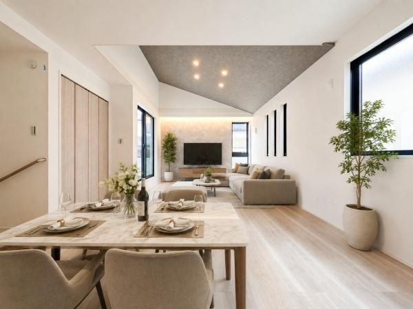 横浜市鶴見区馬場１丁目の新築一戸建の居間・リビング|自慢したくなるリビング！
形も良く家具の配置にも困りません。
※家具等はＣＧでの参考レイアウトです。
