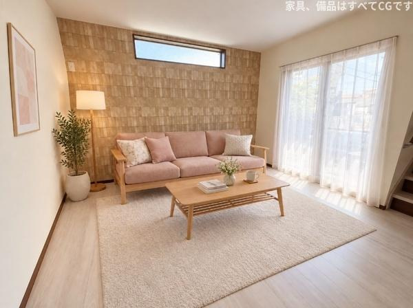枚方市 春日東町 ２丁目　新築 一戸建ての居間・リビング|おしゃれなアクセントクロスが目を引く、明るく開放的な空間。 ナチュラルな木目調の床が温もりを演出。お気に入りの家具を並べて、家族の笑顔があふれる理想の暮らしを叶えませんか。