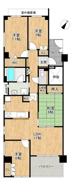 グラン コープ枚方 香里ケ丘　中古 マンションの間取り|４LDK、鉄筋コンクリート造で地上５階建地下1階の３階部分です。