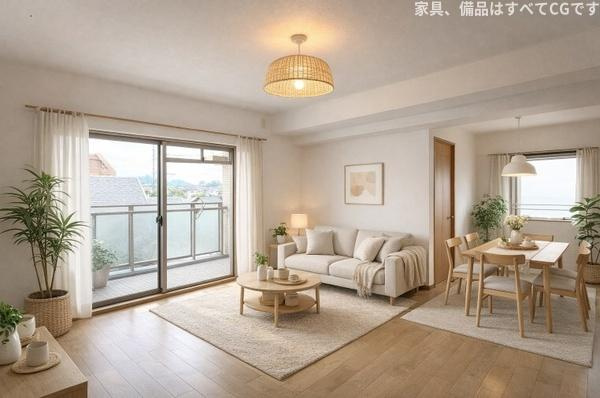 グラン コープ枚方 香里ケ丘　中古 マンションの居間・リビング|家族が集まるリビングは１７帖でゆっくりくつろげます。