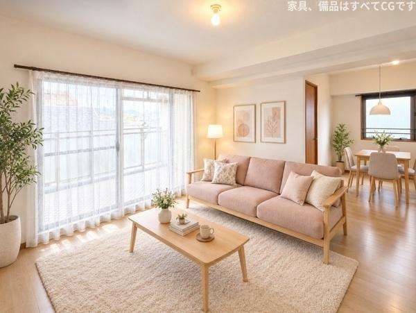 グラン コープ枚方 香里ケ丘　中古 マンションの居間・リビング|家族が集まるリビングは１７帖でゆっくりくつろげます。