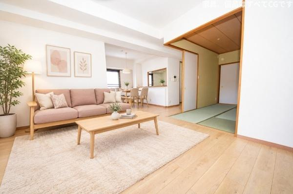 グラン コープ枚方 香里ケ丘　中古 マンションの居間・リビング|リビングと和室がつながる、暮らしの幅が広がる住まい。和室はお子様の遊び場やお昼寝スペース、来客時のおもてなしにも活躍。家族の成長やライフスタイルに合わせて使える魅力的な間取りです。