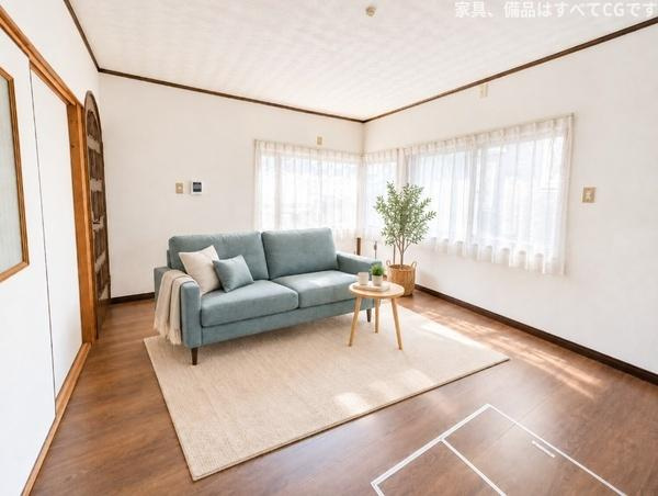 枚方市 東香里元町　中古 一戸建ての居間・リビング|窓がおおきくて明るいリビングです。