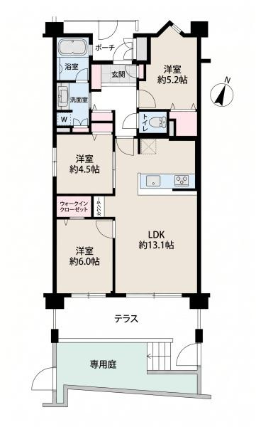アリュール鶴見寺谷の間取り|専用庭とテラスが備わった間取りです。ウォークインクローゼット付きで収納スペースも確保されています。リビングダイニングキッチンが広めで居室が3部屋ある構成です。浴室と洗面室もゆったりした配置です。