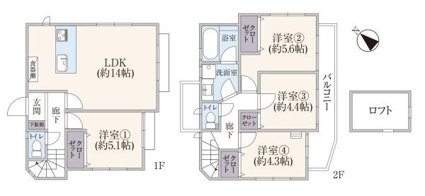 横浜市旭区川井本町の中古一戸建の間取り|二階建ての間取りで各部屋に収納スペースが確保されています。1階は広々としたLDKと洋室があります。2階には洋室が3部屋あり多目的な使い方ができます。洗面室や浴室など水回りも2階にまとまっています。
