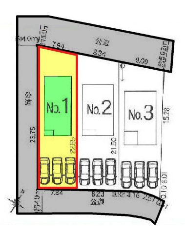 新築　太田市市場町第6　クレイドルガーデン　１号棟の区画図|1号棟　区画図　南側接道幅員約4ｍ　西側接道幅員約4ｍ　北側接道幅員約5ｍ		
	
