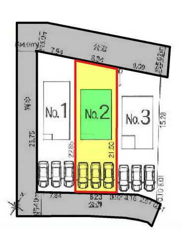 新築　太田市市場町第6　クレイドルガーデン　2号棟の区画図|1号棟　区画図　南側接道幅員約4ｍ　北側接道幅員約5ｍ		
	
