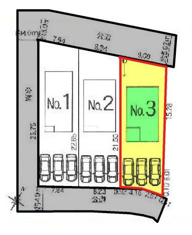 新築　太田市市場町第6　クレイドルガーデン　3号棟の区画図|1号棟　区画図　南側接道幅員約4ｍ　北側接道幅員約5ｍ		
	
