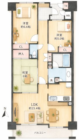 グロス・ヴュー・スクエア　アルタイムⅢの間取り|3LDK、価格3880万円、専有面積75.15m2、バルコニー面積10.32m2 【LDK　15.4帖】 【洋室　6.6帖・5.0帖】   【和室　6.0帖】 