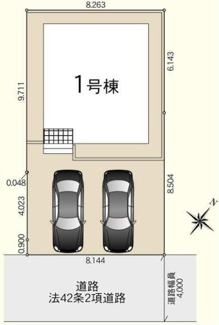 【区画図】 | 南区新磯野3丁目  1号棟 第6 | 南東側約4.0ｍ（セットバック済）認定外道路（準市道）　駐車並列2台（車種によります）　敷地面積36.3坪