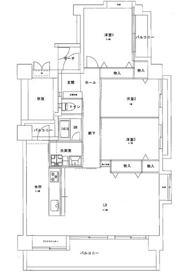 【間取り】 | 五日市ヒューマンズ | ２０２６年３月にリフォーム完了
水回り、建具、クロス、フローリング、照明器具を新規更新、交換済み３ＬＤＫマンション+
バルコニー✖３
マンション前の外部駐車場１台ぶん9,000/月額を確保