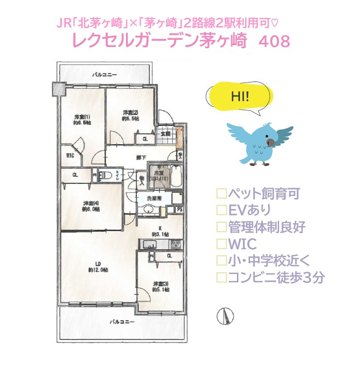 レクセルガーデン茅ヶ崎の間取り|大切なペットと暮らせる、4LDK新規リノベマンション（R8.7月）
全室収納に加え、メイン居室には大型「ＷＩＣ」を完備◎
普段出し入れの少ない季節家電の収納にも一役買ってくれますよ♪
