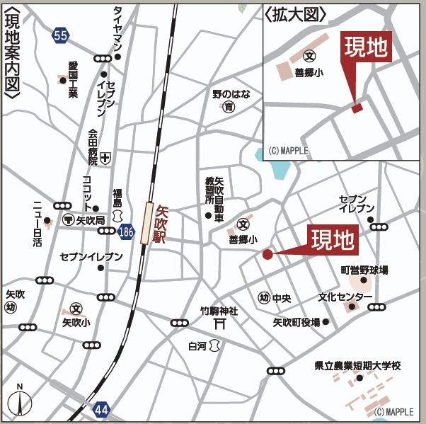 矢吹町小松第７　　　１号棟　　　善郷小学校、矢吹中学区の地図|案内図