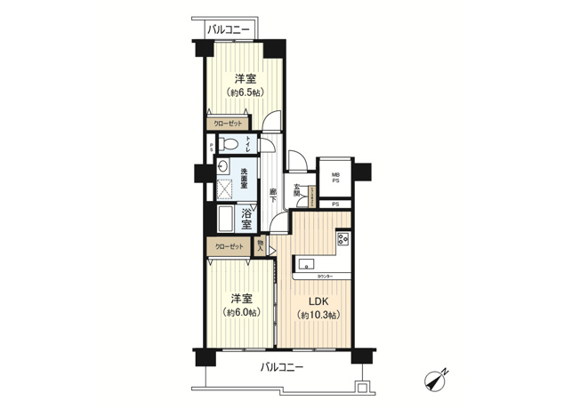 【間取り】 | あべのマルシェ　東館 | 東向きの明るいお部屋♪
両面バルコニーで採光・通風良好！