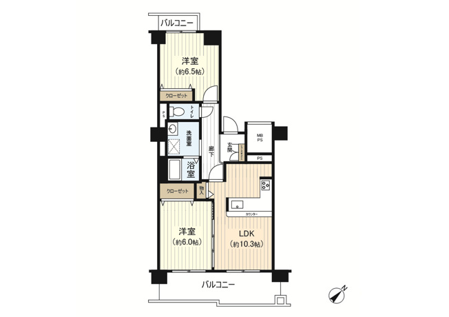 【間取り】 | あべのマルシェ　東館 | 南東向きの明るいお部屋♪
両面バルコニーで採光・通風良好！