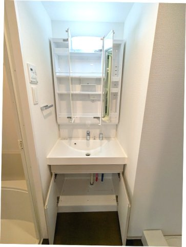 エスレジデンス新御徒町chiaroの設備|トイレと独立した脱衣洗面室、三面鏡付ハンドシャワー付独立洗面台