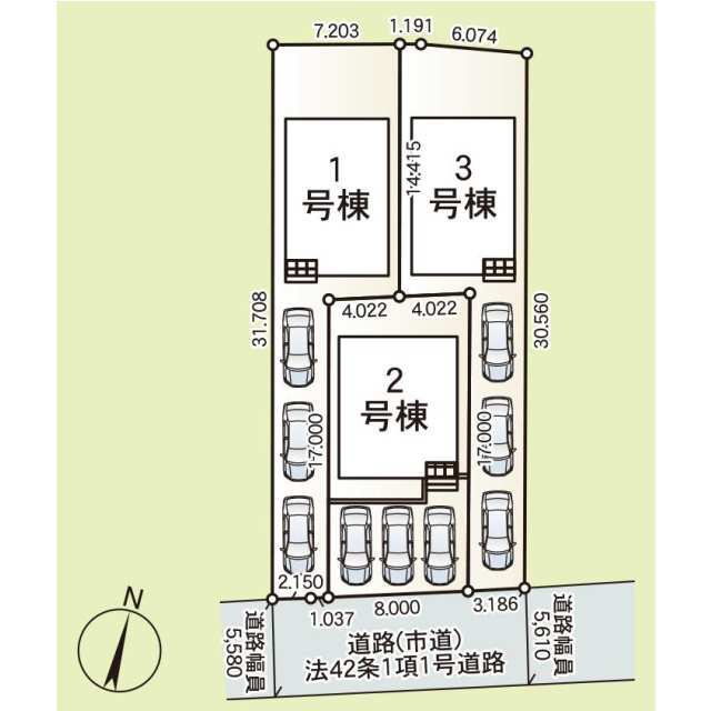 クレイドルガーデン南城市佐敷 1号棟（全3棟）※本日内覧可能※の区画図|3台駐車可能（縦列駐車）
