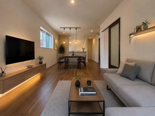 【居間・リビング】 | 福岡市東区三苫2丁目第2　2号棟（全3棟）【仲介手数料無料・0円】 | 現地写真。家具・家電等はCGによる配置例です。物件には含まれません