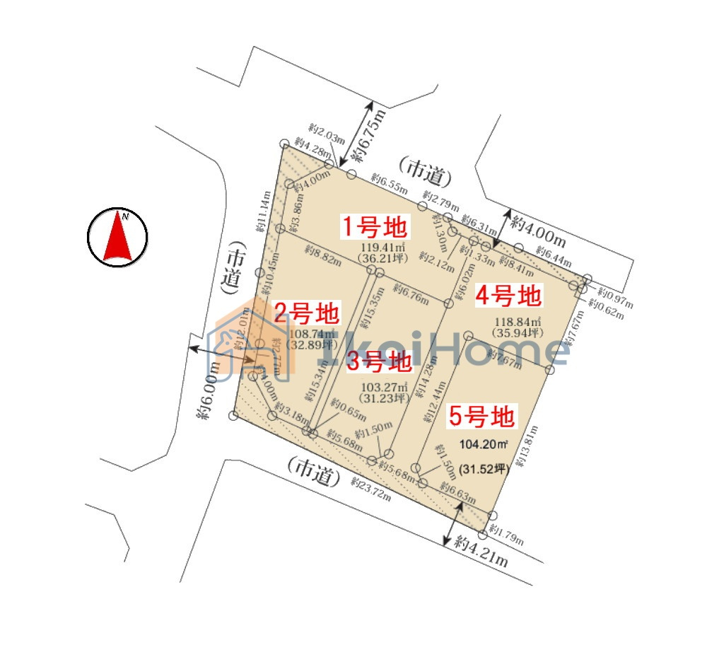 神戸市西区高津橋　全5区画　3号地　土地の土地図|●年中無休：当日予約可●南側幅員約4.2～4.5ｍ・西側幅員約3.7～6ｍ・北側幅員約4～6.7ｍ有