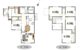 【間取り】 | 東広島市西条町田口　最終1棟 | 18.0帖広々としたLDKと和室が隣接する開放的1階フロア。2階には独立性の高い居室を4部屋配置した、部屋数豊富な5LDKです。各階にトイレがあり、全居室収納やシューズインクローゼットを備えています。